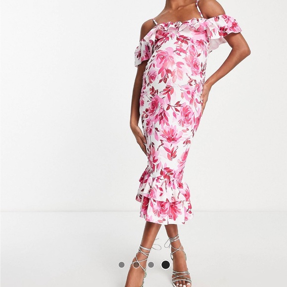 ASOS DESIGN Maternity Ruffle Midi dress in Pink Floral Print - Picture 3 of 8